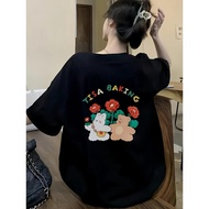 Kemeja-T bercetak lengan pendek kasual versatil wanita, hitam, baju versatil dengan cetakan yang men