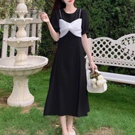 [kaistoreofc] Dress Pita Putih Biru Langit Hitam Long Dress With Pearl And Ribbon Simple Elegan Gaun Wanita Panjang Lengan Pendek Berkualitas Korean Style