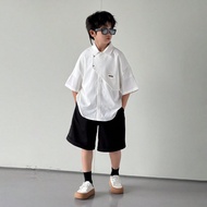 Bộ 2 quần áo trẻ em/bé trai thường ngày phong cách Hàn Quốc màu trơn cổ polo in thẻ tay ngắn rộng rã