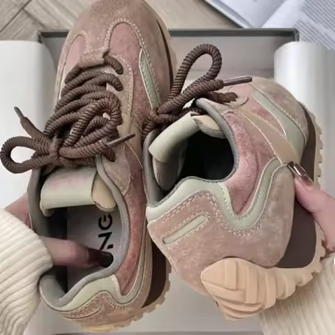 2025 Autumn Retro German Army Trainers Women's Split Color Leather Sneakers Chunky Flat Sole Casual