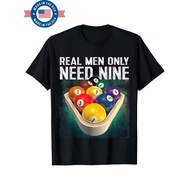 Mens Retro 9 Ball Pool Graphic T-Shirt - Real Men Only Need Nine Design, Black Cotton Tee with Vibra