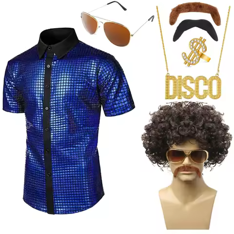 7 Pcs Men's 70s Disco Costume 70s Hippie Costume Including Sequins Short Sleeve Shiny Shirts Gold Ne