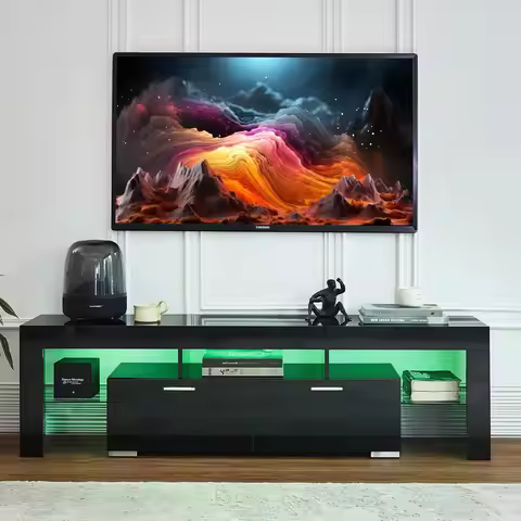 LED TV Stand for 75 Inch TV, High Gloss TV Entertainment Center with Storage Drawer, TV Console Tabl
