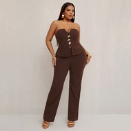 Plus Size Women's 2pcs Set: Colorblock Sleeveless Crop Top + Matching Pants, Elegant Sexy Outfit Sui