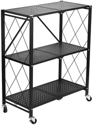 Foldable Multi-Tier Storage Shelf Metal Rack with Castor Wheels for Home Kitchen Balcony Plant Pot HDB Bomb Shelter Store Room Organizer, Installation Free Movable Collapsible Easy to Keep Space Saving