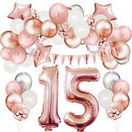 66 Pcs Rose Gold 15th Birthday Balloon Set,Number Balloons,Banner, for 1 2 3 13 16 18 21 30 40 50 60