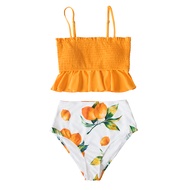 CUPSHE Smocked Blue Leaves Print Bikini Sets Women Ruffle High-waist Tankini Two Pieces Swimsuits  G