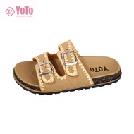 YOTO Women's Casual Comfy Soft Slide Slippers Retro Leather Double Button Sandals