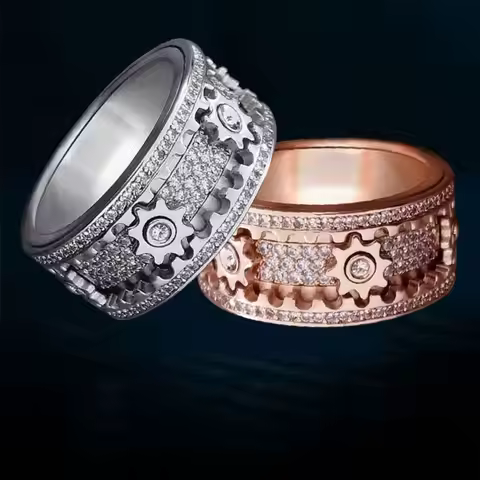 Handmade Decompression Anxiety Rotating Mechanical 3D Band Ring Gear Spinner Rings Geometric Diamond
