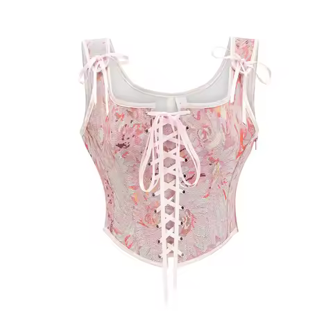 Women's Lace Up Boned Overbust Corset Underbust Push Up Floral Bustier Crop Top Slim Fit Camisole Bo