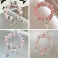 Peach Pink Beaded Bracelet Fresh And Sweet Temperament Fashion Bow Accessories Bracelet B7i3