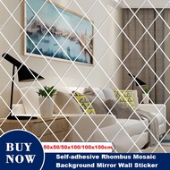【lightingeverthing】Self-adhesive Rhombus Mosaic Background Wall Mirror Wall Sticker Acrylic Mirror Deco Sticker Bedroom Living Room Decoration 50x50cm/50x100cm/100x100cm