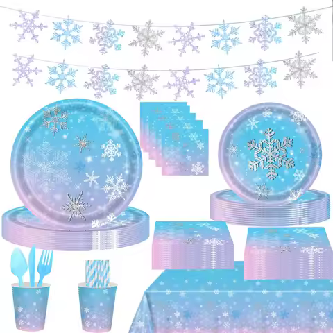 Christmas Snowflake Party Supplies Elsa Frozen Disposable Tableware Blue Purple Frozen Snowflake Tab