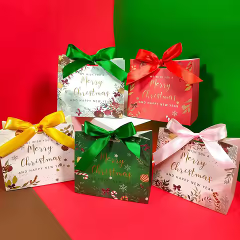 Christmas Gift Paper Bags Transparent Window For Candy Cookie Nougat Packaging Xmas New Year Party D