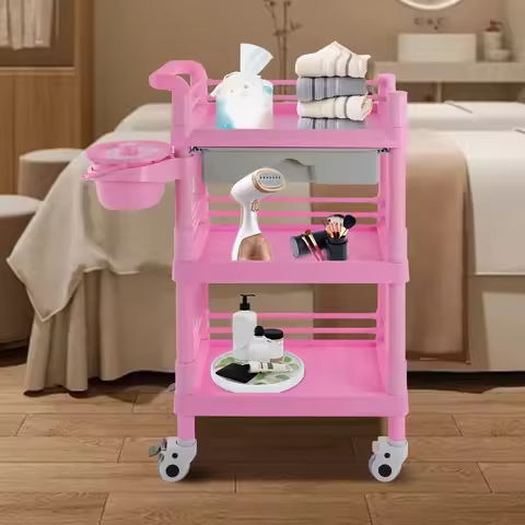 3 Tier Pink Beauty Salon Trolley Salon Cart Miscellaneous Trolley Storage Trolley For Beauty Store H