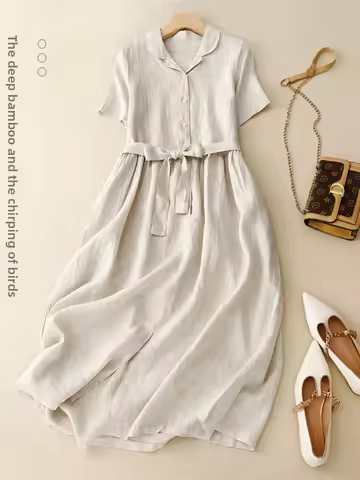 Pure Linen irt Dr Women Summer Lightweight Breathable Loose plus Size Slimming Belted Color Long Dr