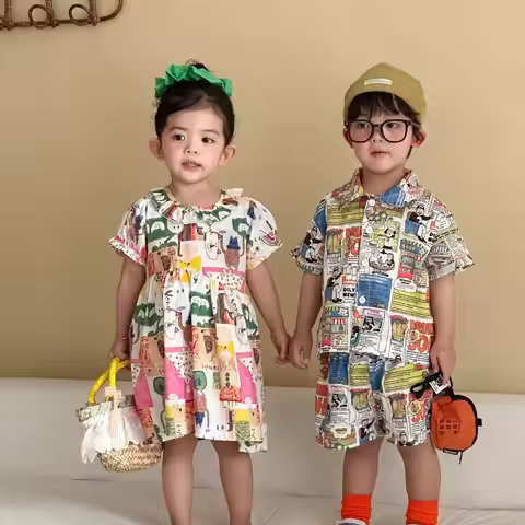 RAISE Children Summer Shirts Outfits Boys Vacation Suit 2026 Kids Girls Print Dress Brother Sister O