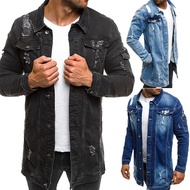 Fashion Streetwear Long Men's Denim Ripped Beggar Jackets Casual Plus Size Jean Denim Jacket For Men