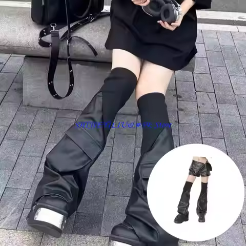 E21F Gothic Leg Warmer PU Leather Denims Blend Adjustable Boot Motorcycle Outfits Cool Fashion
