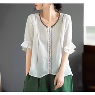 T TW Five-Color Art Retro Five-Point Sleeve Cotton Linen V-Neck T-Shirt Ladies Loose Slimmer Look Al