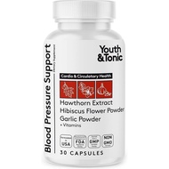Youth & Tonic Natural Blood Pressure Support Supplement w/Hawthorn Hibiscus & Diuretic Herbs & Vitam
