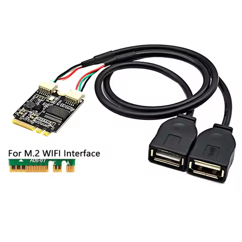 M.2 Key A/E to 2 Port USB2.0 Riser Card GL850 Chip 30cm USB Extension Cable Laptop M2 WIFI Interface