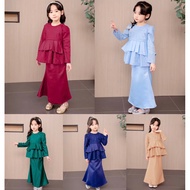 Baju Raya Peplum Satin Modern Muslimah Baju Kurung kanak-kanak Baby Blue Navy Maroon Green Mustard 2023 (2T-12T)
