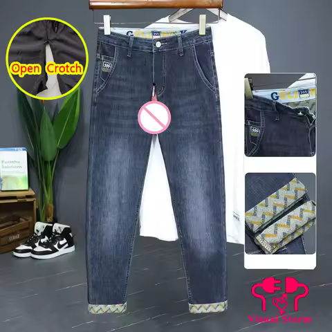 Man Heavy Open Crotch Pants with Hidden Zippers Erotic Fashion Crotchless Trousers Jeans Outdoor Act