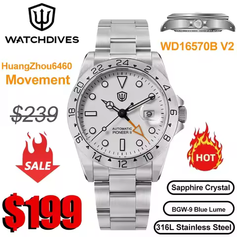 Watchdives WD0009B 4Hz True GMT Automatic Watch Hangzhou 6460 Movement 28800vph Sapphire 200m Waterp