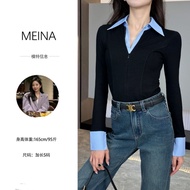 Winter Color-Block Fake Two-Piece Long Sleeve Slim Fit Short Fake Two-Piece Shirt