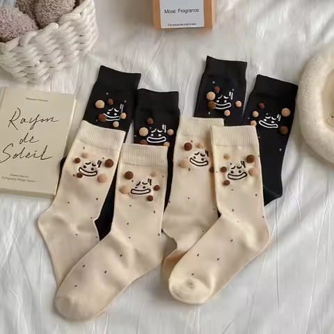 Cute Fur Ball Clown Embroidery Dot Socks Cute Trendy Design Personality Funny Face Cotton Socks Cott