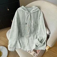Plus Size Women Elegant Striped Shirt Dress, Lightweight Loose Hooded Sweatshirt, Suitable For Summe