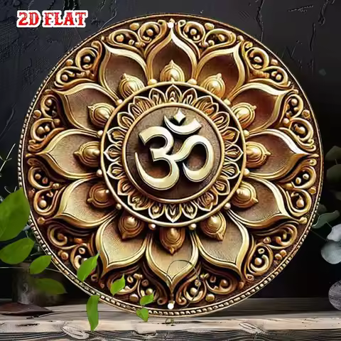Golden-Yellow 2D Flat, 1pc Om Symbol (Aum) Metal Wall Decor - Flat Round Aluminum Plaque for Home, Y