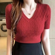 SLWomen's Causal Plain V-neck Knitted Cropped Blouse Short Sleeve Slim