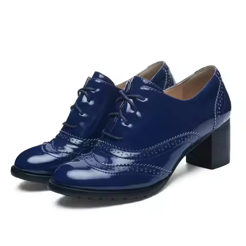 Size 33-43 Navy Burgundy Lace-up Brogue Design PU Patent Leather Derby Oxford Pumps Heels Square Blo