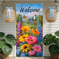Spring Door Covers Banner Welcome Cottage & Flower Design 35.4x70.86inches Polyester for Entryway De