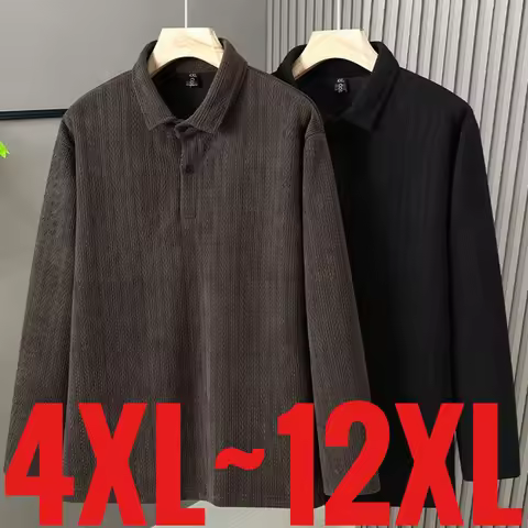 Big Size 12XL Men's Polo Shirts Long Sleeve Tops Male Extra Large 6xl 7xl 8xl 9xl 10xl Browm Elastic