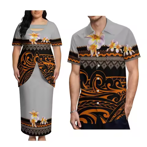 Samoa Birthday Party Fashion Island Style Couple Set Women'S Round Neck Top And Long Dress Men'S Alo