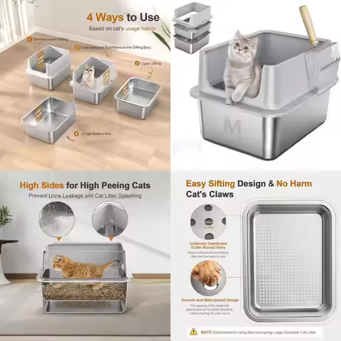 High-Sided Stainless Steel Sifting Litter Box for Small Cats, 17L x 13W x 10.8H, with Lid and Anti-L