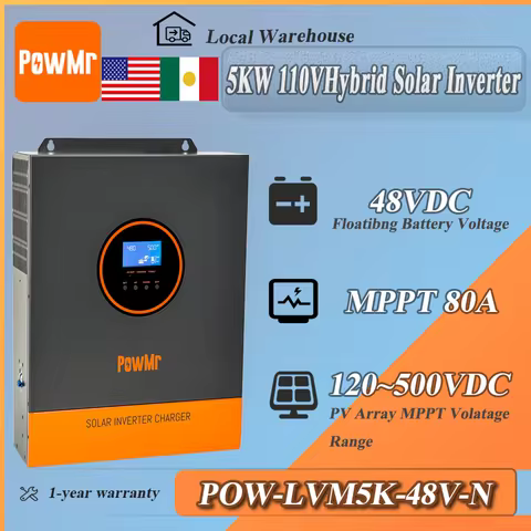PowMr 5KW 48Vdc 110Vac Hybrid Solar Inverter Max PV 500V with 80A MPPT Charger Controller Pure Sine 
