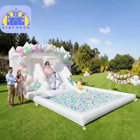 Kids Party Large 19ft Inflatable White Bounce House With Double Slide And Big Ball PIt Customization