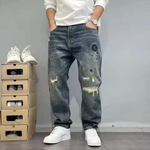 Washed Distressed Patched Embroidered Jeans Men's Small Straight Leg Pants High Street Ruff and Hand