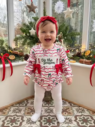 Baby Christmas Tree Bodysuit Christmas Tree Romper-Long-Sleeve Long-Sleeve Sleeve Bow Tree Bow-Chris