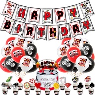 Casino Birthday Theme Set: HBD Banner, Big Cake Topper, Cupcake Toppers and Latex Balloons