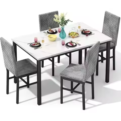5-Piece Marble Dining Set with 4 Chairs for Small Spaces in Grey