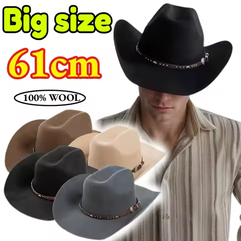 Big Size Men's 100% Wool Western Cowboy Fedoras Hats Unisex Vintage Wide Brim Jazz Felt Hat Church G