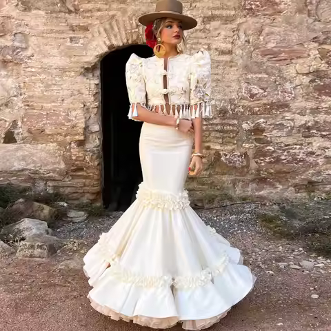 Beige Flamenco Skirt Women High Waist Ruffle Mermaid Long Skirt Spanish Dance Formal Evening Skirt C