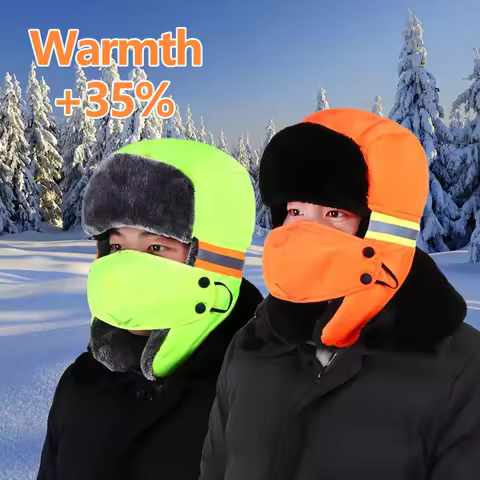 Winter Trapper Hat with Ear Flaps Orange & Fluorescent Green Reflective Beanie for Outdoor Work Hunt