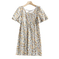 ชุดเดรสแขนสั้นคอเหลี่ยมลายดอกไม้ FBB WORKS ชุดเดรสหวานสำหรับผู้หญิง ชุดเดรสสไตล์ฝรั่งเศส ชุดเดรสกระโ