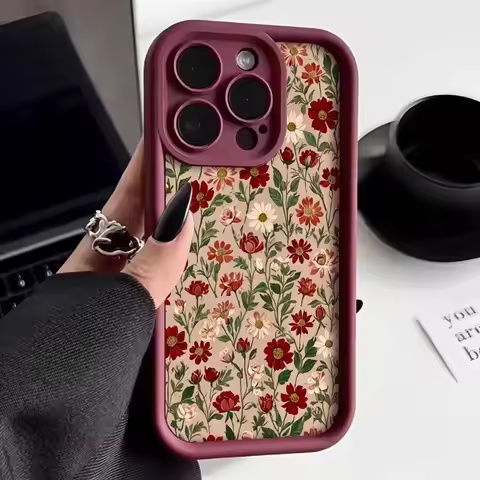 Phone Case Vintage Wine Red Floral Pattern For Xiaomi Redmi Note 14 13 12 11 Pro Plus 5G Silicone Co